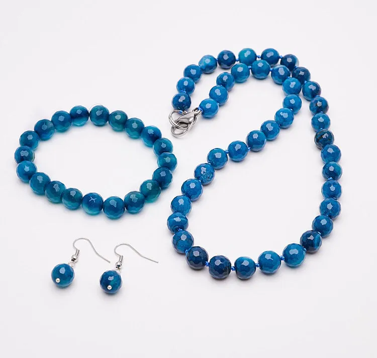 Women's 12mm Natural Gemstone Beaded Necklace, Bracelet and Earrings Set