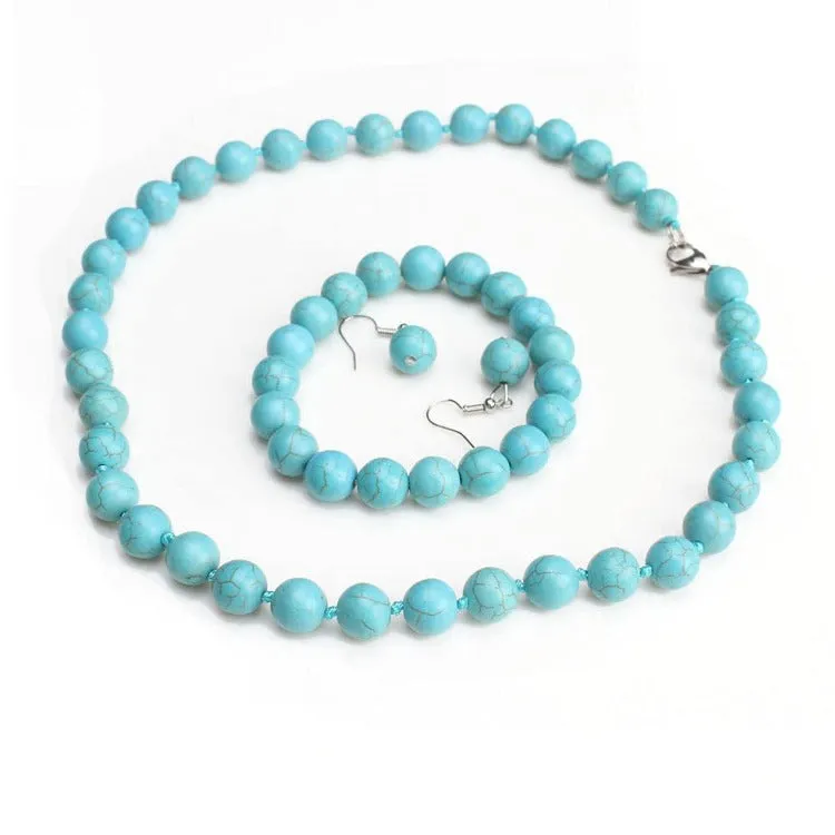 Women's 12mm Natural Gemstone Beaded Necklace, Bracelet and Earrings Set