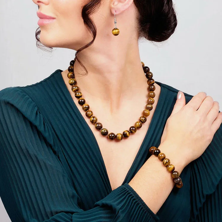 Women's 12mm Natural Gemstone Beaded Necklace, Bracelet and Earrings Set