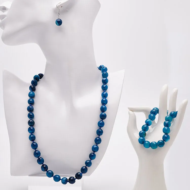 Women's 12mm Natural Gemstone Beaded Necklace, Bracelet and Earrings Set