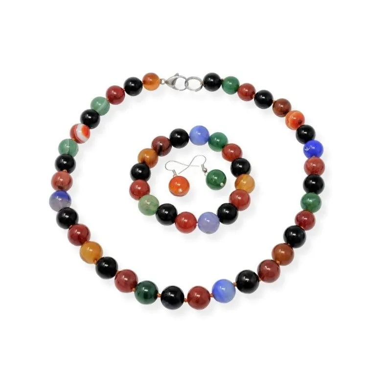 Women's 12mm Natural Gemstone Beaded Necklace, Bracelet and Earrings Set